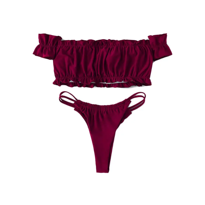 Romwe Sport Lettuce Trim and Strappy Thong Bikini Set Summer Wireless Off the Shoulder Sexy Bathing Suit Women High Cut Swimsuit