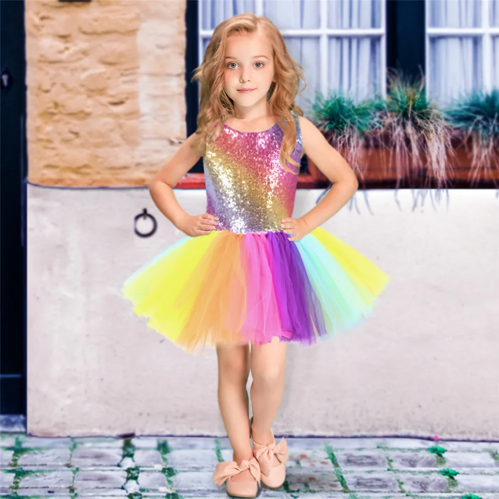 Rainbow Sequins Tutu Dress for Kids Fashion Backless Sleeveless Tulle Girls Clothes Colorful Children Girl Party 2-8 | Детская одежда и