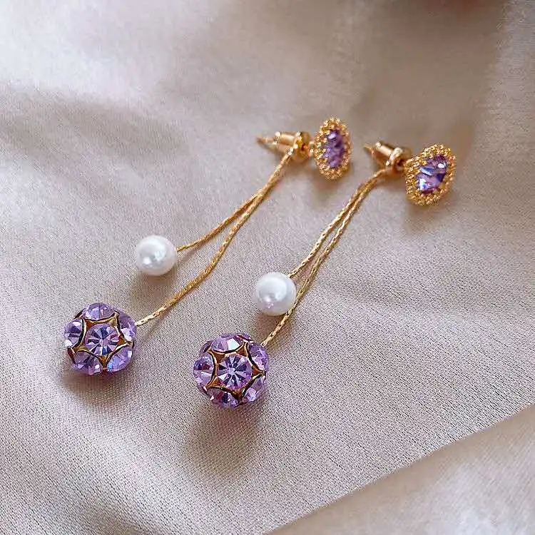 

Purple flash drill earrings new tide Korean net red two tassel earrings