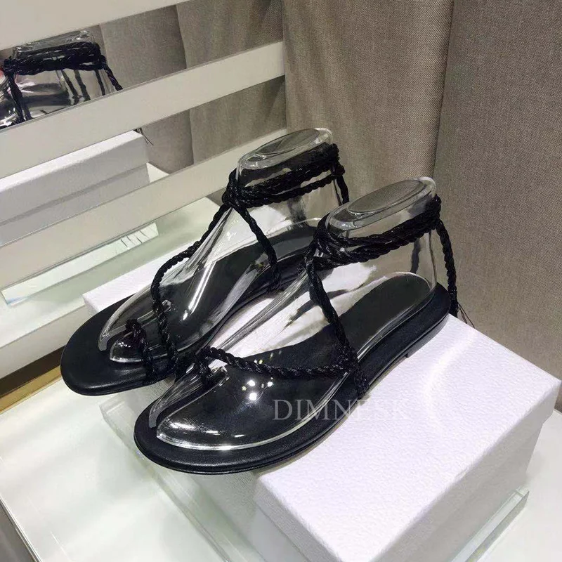 Beli Sandal Bertali Pergelangan Kaki Datar Musim Panas 2021 Wanita Tali Nilon Gelang Sempit Jari Terbuka Mode Sandalias Sepatu Liburan Pantai Perempuan
