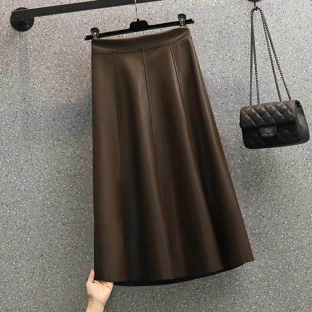 

Large Size Women Elegant Long Skirts Winter 2021 Solid Color High Waist Warm PU Leather A-Line Skirt Ladies