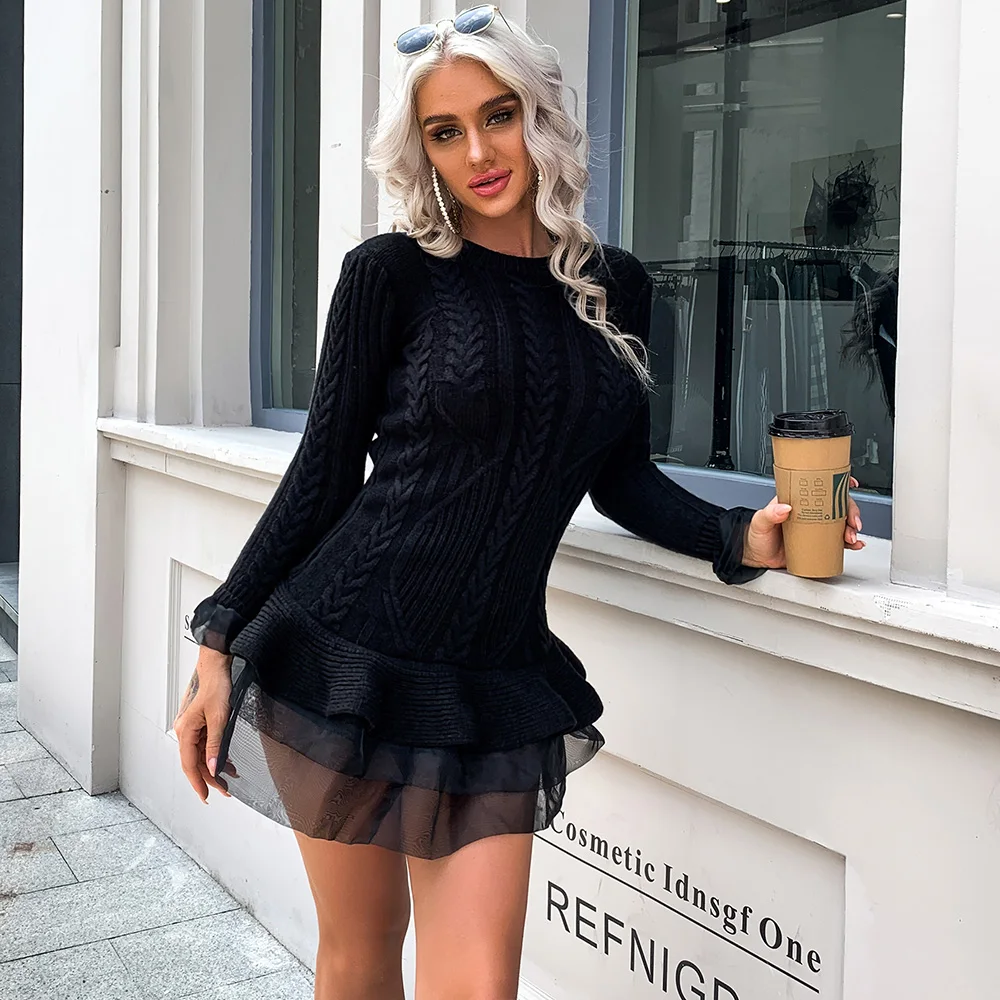 

Tosheiny Women Knitted Pullover Mini Dresses Fashion Long Sleeve Ruffles Hem Party Sweater Dress M0616
