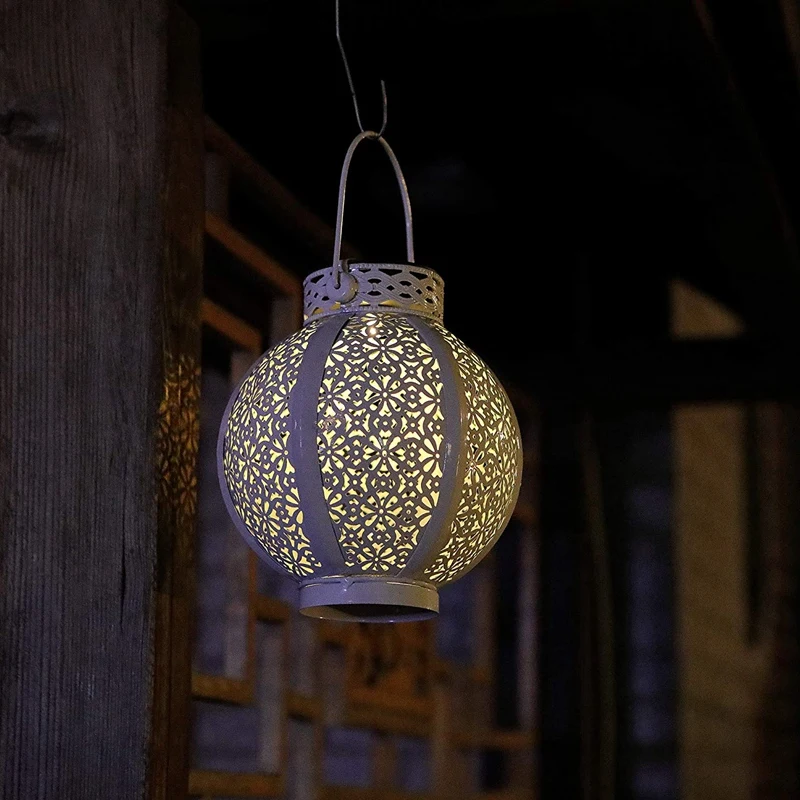 

HLZS-2 Pack Hanging Solar Lantern Metal Led Table Lamp Outdoor Solar Hollow-Out Lights with Handle, 6 Lumens, White