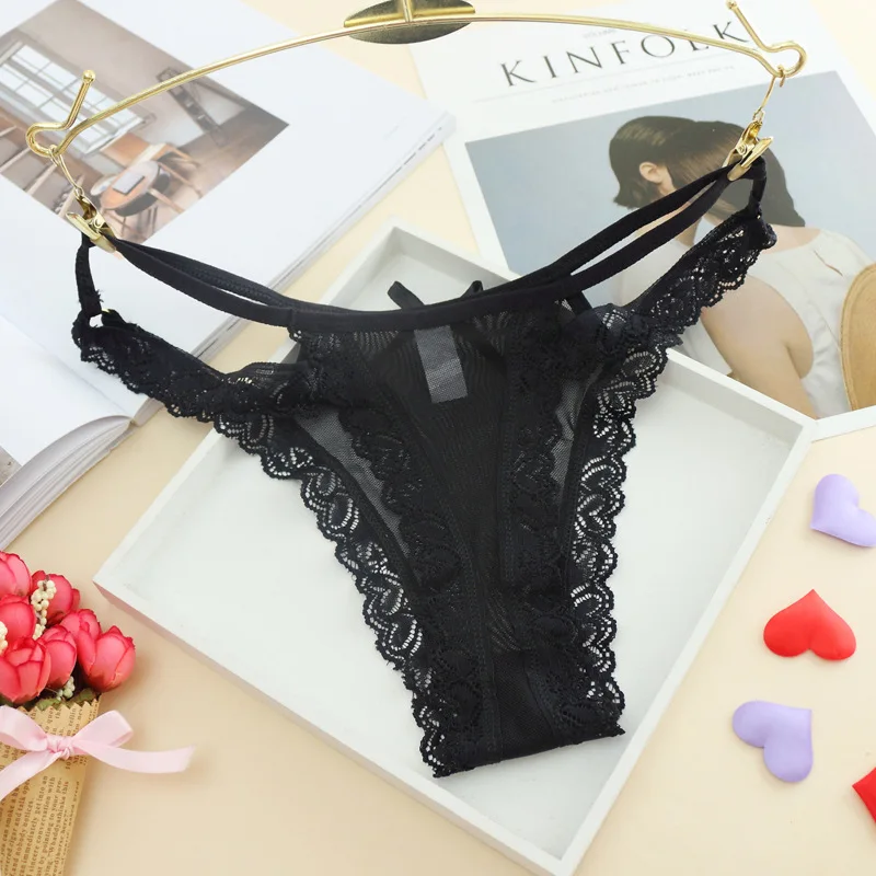Lace-Trim Ultra-Thin Mesh Transparent Sexy Low-Waist plus Size Thin Drawstring T-Back T-Shaped Panties Women's | Женская одежда