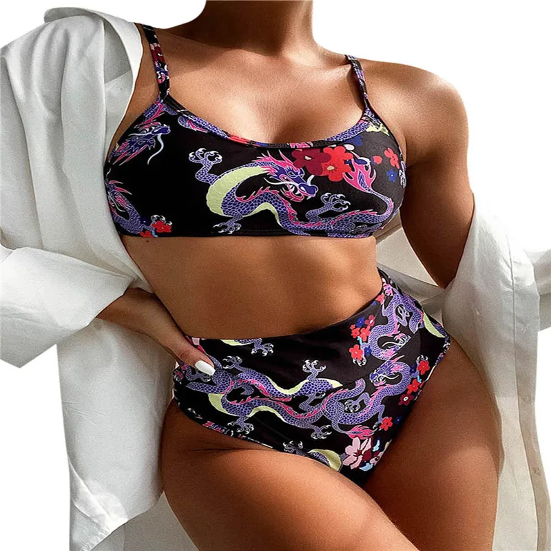 

2 шт. Для женщин сексуальный дракона, с рисунком, костюм без рукавов для девочек топ на бретелях + трусики для женщин купальник Высокая талия ...