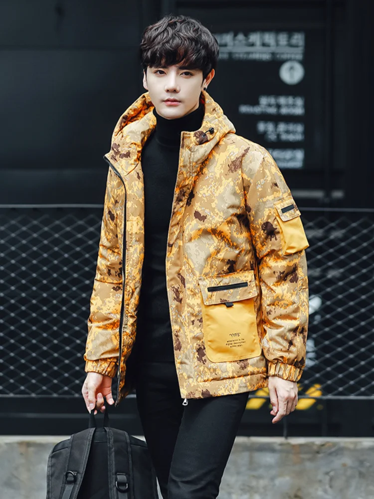 

Новинка Зима 2021, мужской Камуфляжный пуховик с капюшоном, пуховик средней длины, куртка, повседневная мужская одежда