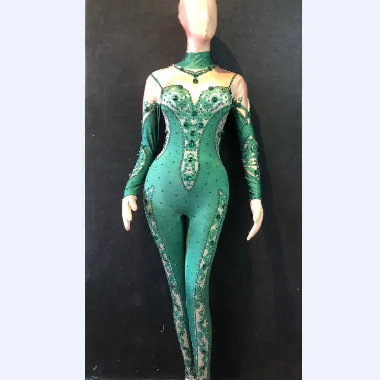 

Women Sexy Rompers 2021 Green Rhinestones Bodycon Jumpsuit Dance Party Costume Bar Female Singer Nightclub Performance Suit