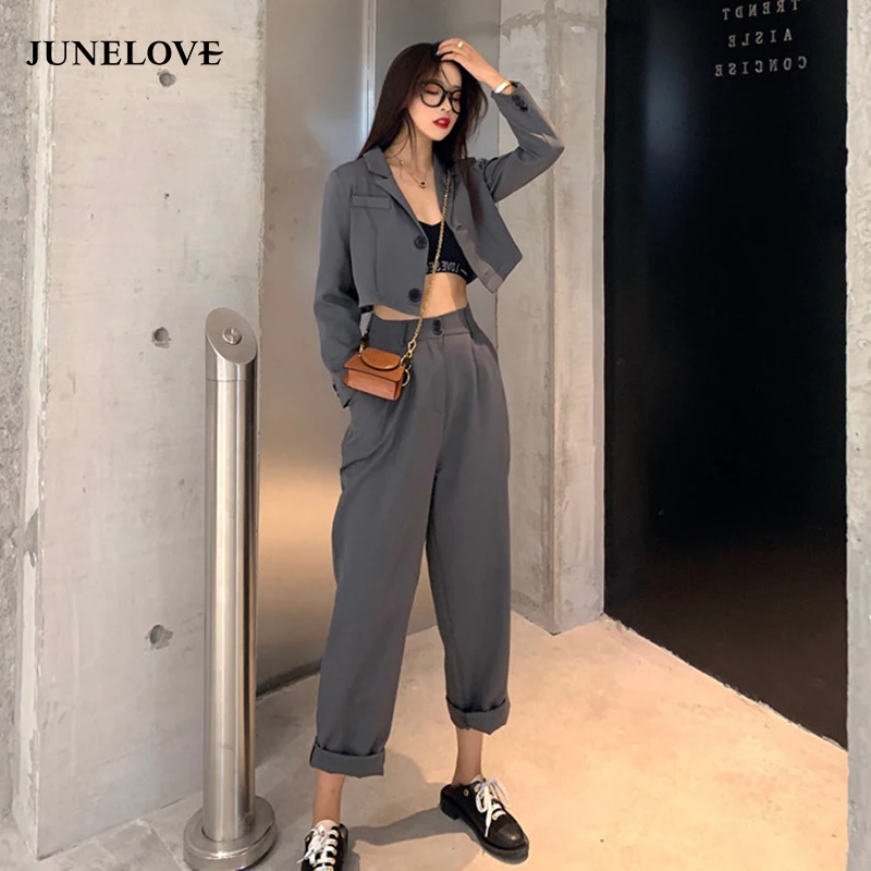 

JuneLove Женщины Новая весна Повседневный Две пьесы Vintage офиса Lady однобортный блейзеры и брюки Street Короткие Пиджаки Брюки Костюмы