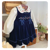 baby girl autumn winter navy blue small flower embroidery princess dress for casual party vintage england spanish turkish
