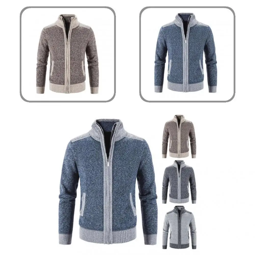 

Cold Resistant Comfy Patchwork Color Pockets Stand Collar Sweater Coat for Daily Wear