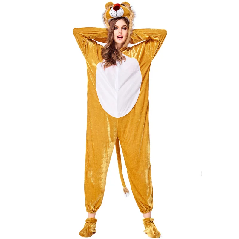 

Halloween Unisex Adult Men and Women Wear Cosplay Animal Role Lion Costume with Hood and Foot Cover Jumpsuit