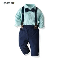 top and top fashion children boys clothing set striped bowtie shirtssuspender pants gentleman 2pcs suits kids boys clothes