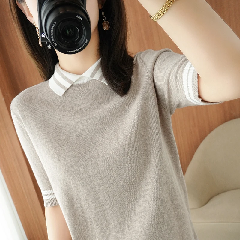 

T-shirts POLO collar Short-sleeved women loose and thin pure cotton half-sleeved 2021 summer new cotton and linen wild knitted