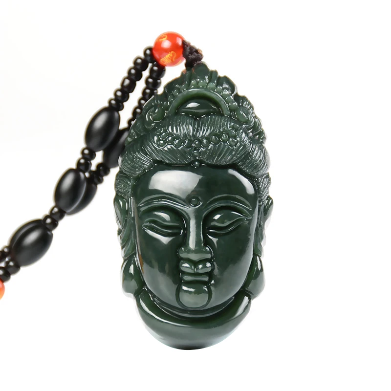Мужское ожерелье Гуаньинь темно зеленое HETIAN Nephrite Jade Guanyin кулон в виде головы