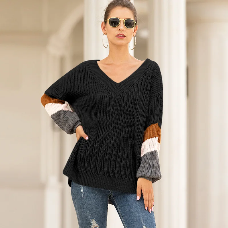 

New Sweater Women's V-neck Lantern Sleeve Stripe Color Pullovers Sweaters