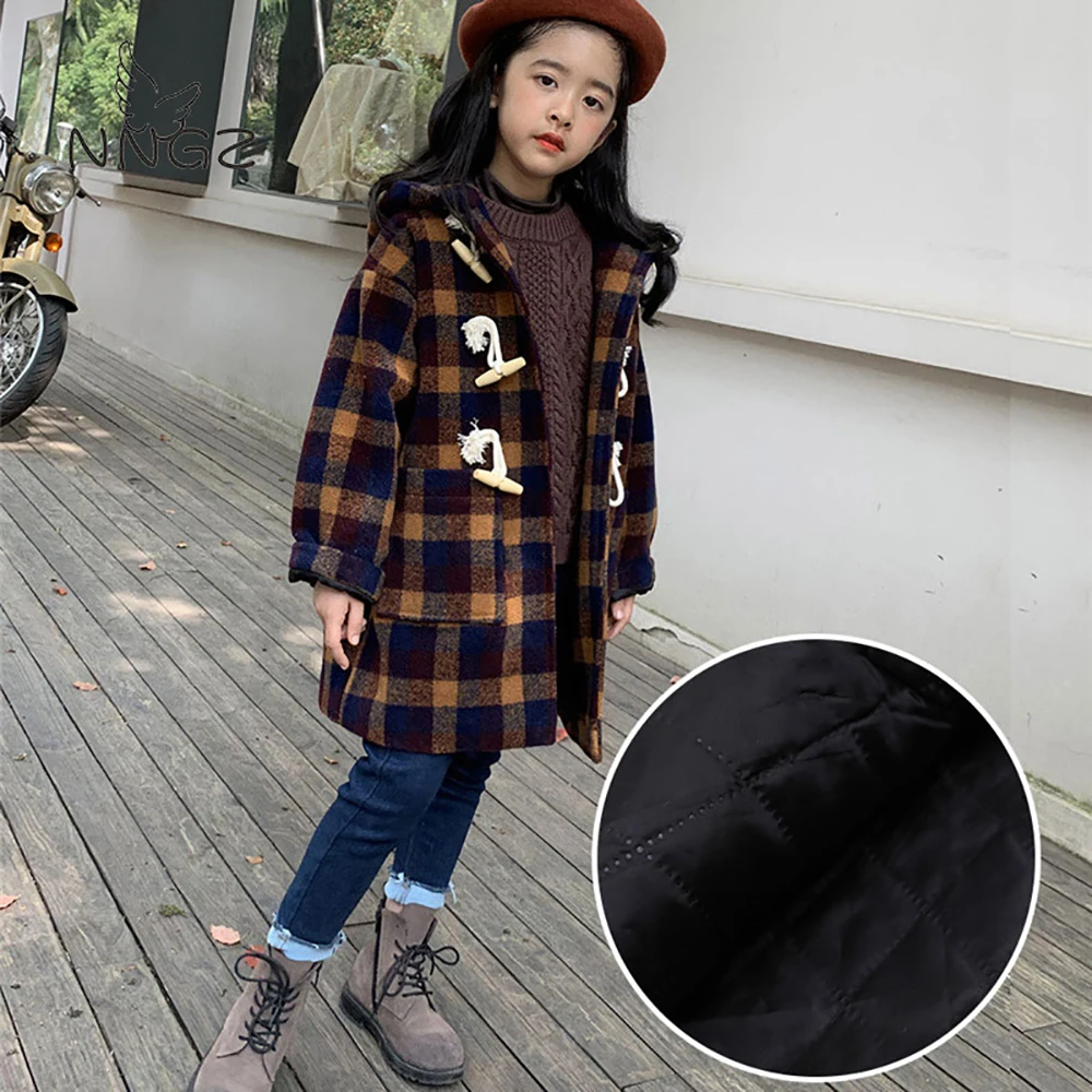 

Шерстяное пальто для девочек; Длинная Верхняя одежда в клетку; Пальто для детей; Модный Тренч в студенческом стиле для девочек; Детская одеж...