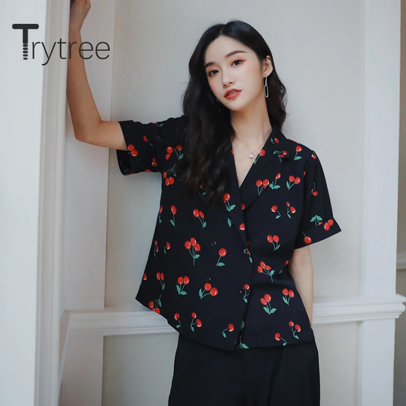 

Женская Повседневная Блузка Trytree, винтажная Свободная блузка с отложным воротником и принтом, универсальный стиль, лето 2020
