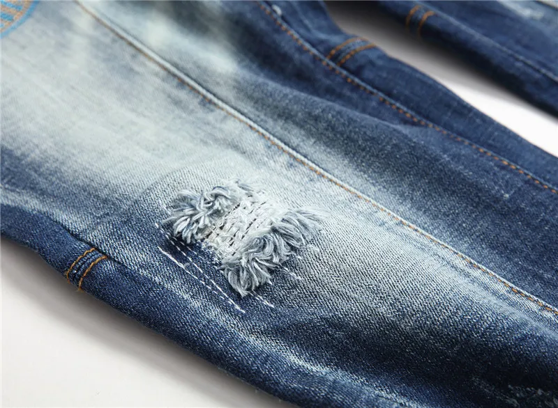 

European Italy Blue Men Fashion Brand Jeans Pants Men Slim Jeans Patchwork Letter Moto & Biker Jeans Pants Blue Hole Jeans