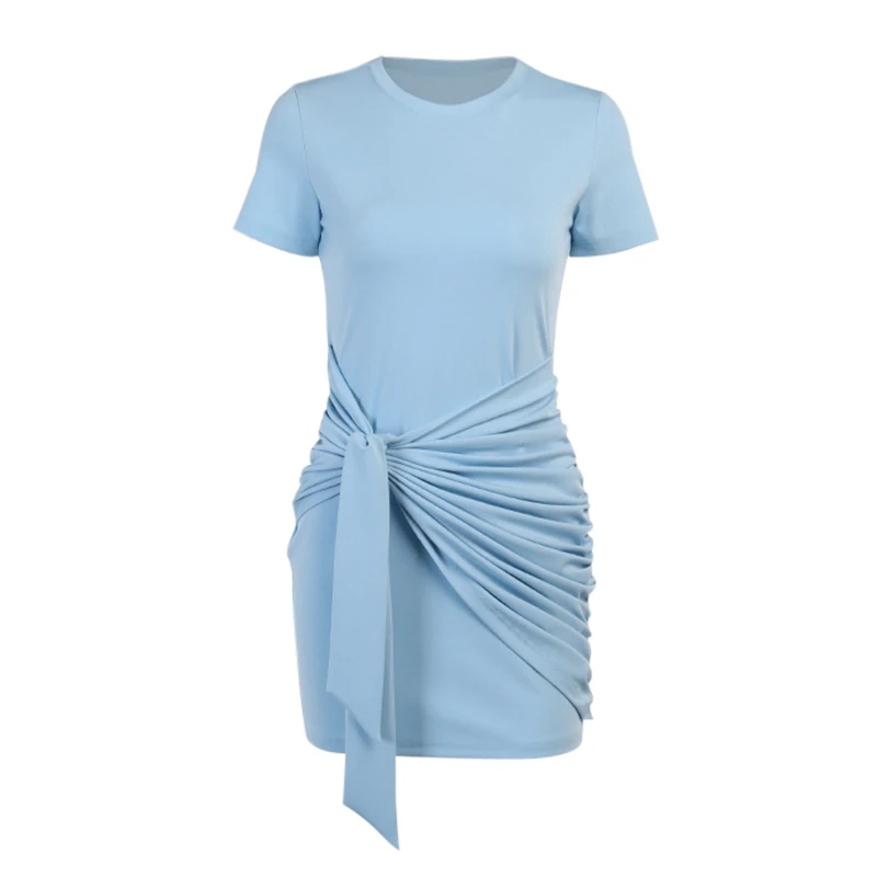 

InstaHot Women Casual Short Sleeve Dress O Neck Slim Summer Bandage Asymmetric Sexy Streetwear Office Lady Bodycon Mini Dresses