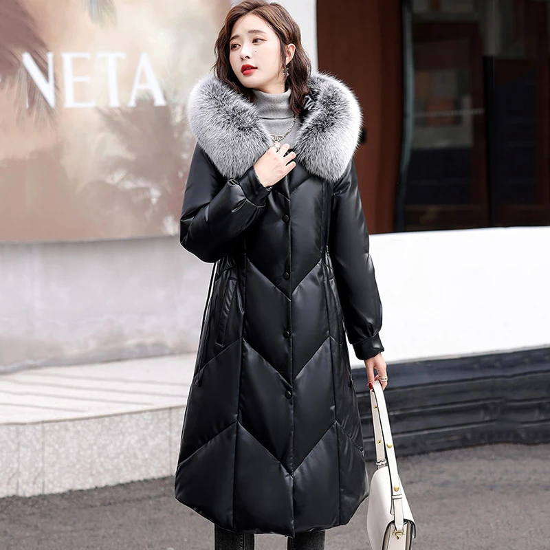 New Women Sheepskin Down Overcoat Autumn Winter 2022 Fashion Warm Fox Fur Collar Drawstring Waist Slim Long Leather Down Coat