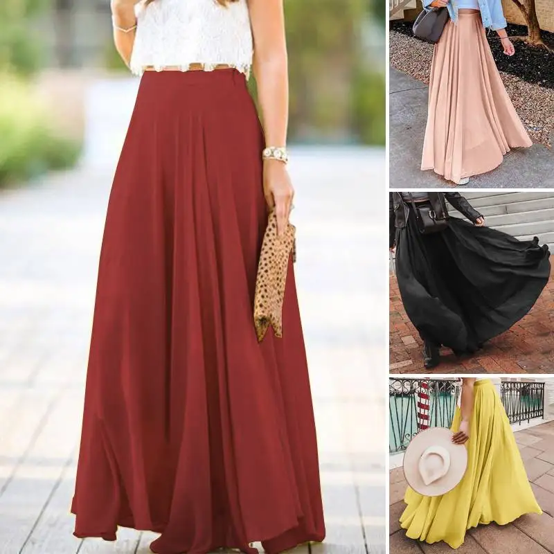 

Elegant Solid Skirts Women's Spring Sundress ZANZEA 2021 Casual High Wasit Faldas Saia Female Chiffon Vestidos Plus Size Robe