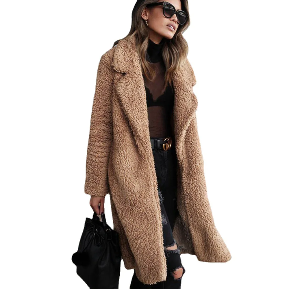 Autumn and Winter Fashion Lapel Pocket Long Sleeve Faux Fur Women's Top Long Coat for Women