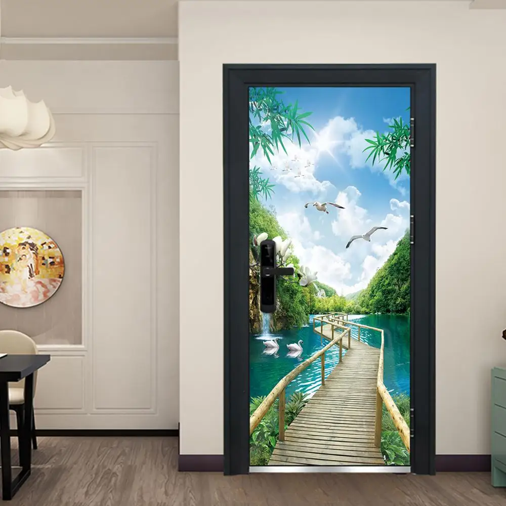 

Зеленая натуральная наклейка, 3D дверь, водонепроницаемая, Альпийский речной мост, наклейка на двери, обои для гостиной, магазина, домашний д...