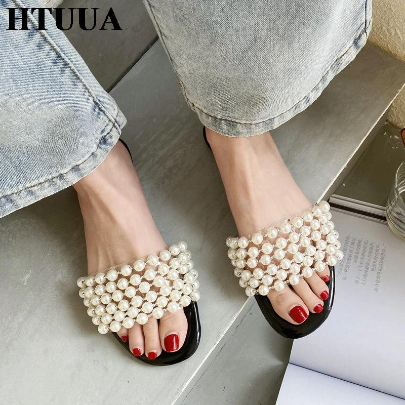 HTUUA/Новинка 2020 года Тапочки на плоской подошве из Жемчужной нить бусина Женские