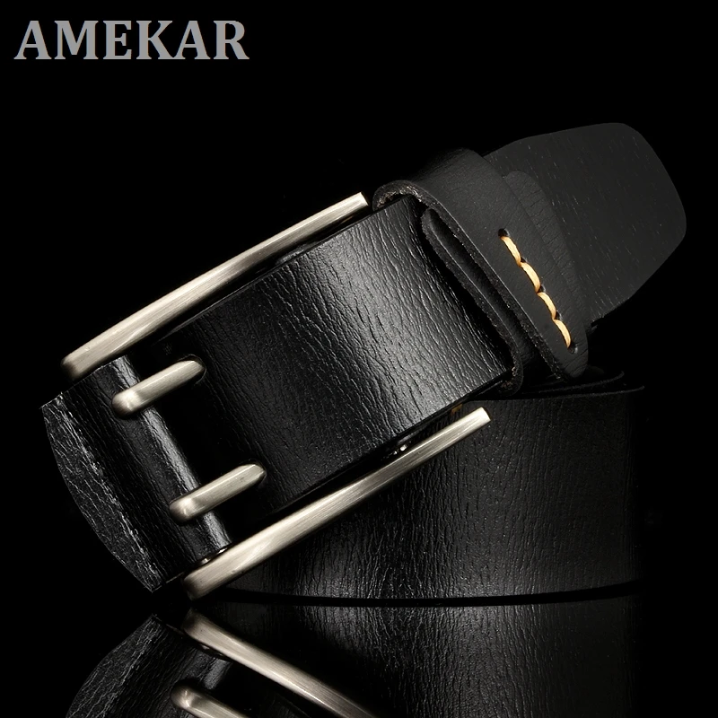 

Fashion British Style Double Pin Buckle High Quality Genuine Leather Belt For Men Casual Jeans Waistbands Strap Free Shipping
