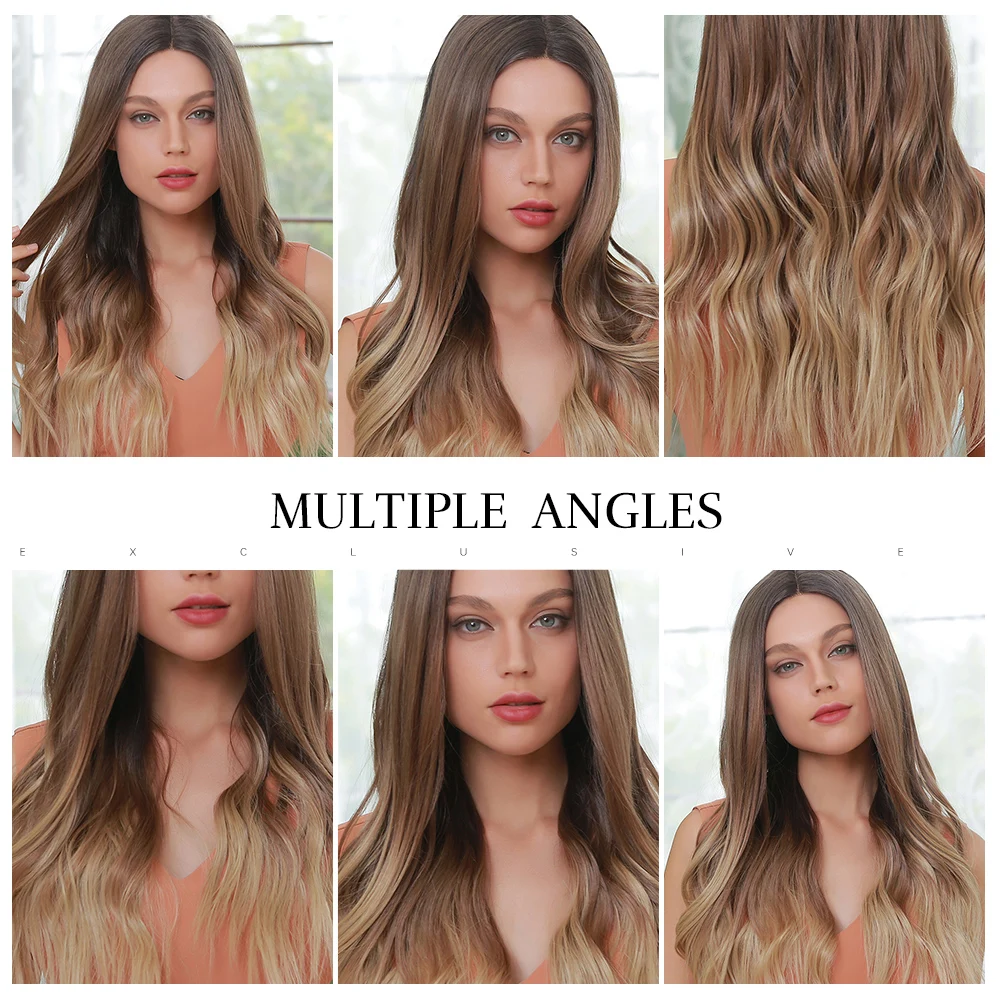 

EASIHAIR Long Synthetic Wavy Brown Ombre Lace Part Wigs with Baby Hair Lace Wigs for Women Middle Part Heat Resistant