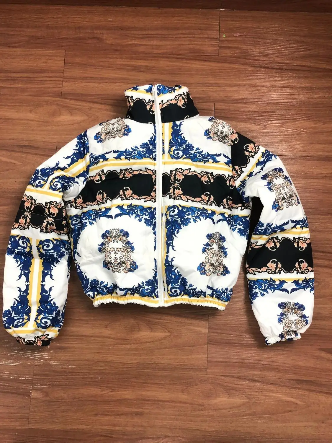 

2020 Winter Women Floral Printing Bread Coats Vintage Lady Stand Collar Zipper Full Sleeve Keep Warm Short Cotton-padded Jacket