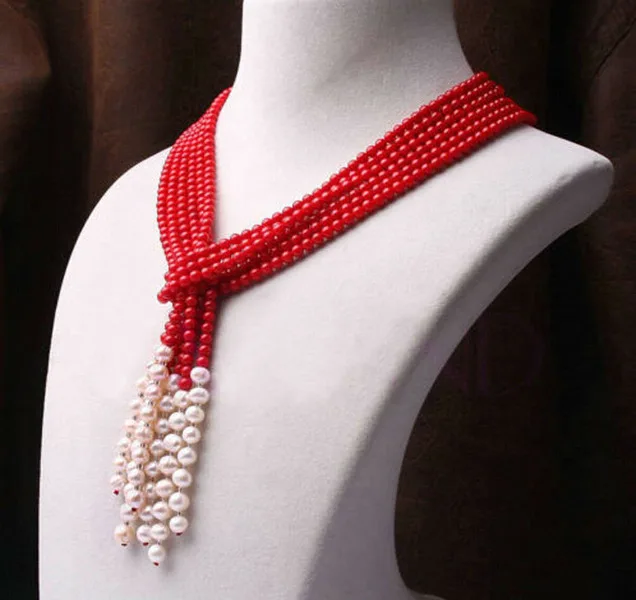 

Ожерелье из белого пресноводного жемчуга, колье с красным кораллом 4 мм и белым пресноводным жемчугом 7-8 мм, 3 нити 50 дюймов