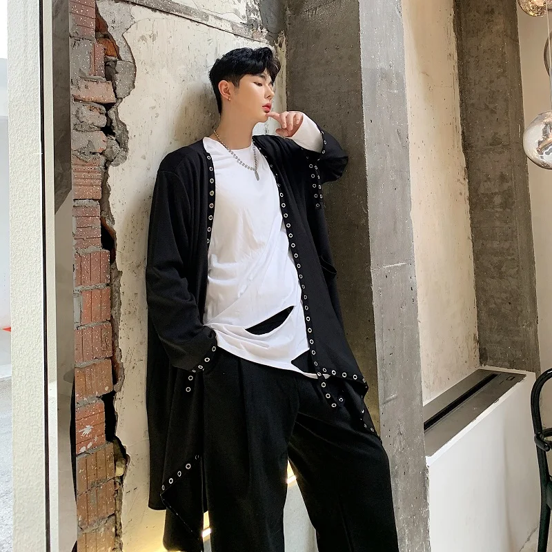 

Male Japan Streetwear Punk Gothic Trench Jacket Outerwear Men Loose Irregular Ribbon Rivet Long Cardigan Windbreaker Coat