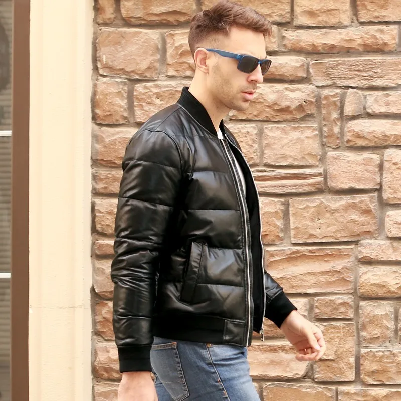 Men Winter Warm Black Genuine Leather Duck Down Flight Jackets Coats Large Size Real Sheepskin Bomber Aviation | Мужская одежда