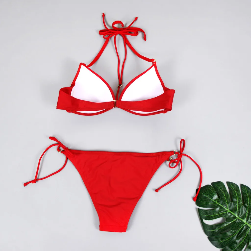 

Summer Women Sexy Halter Neck Low Waist Bandage Brazilian Bikini Sets Solid V-neck Swimwear Ladies Push up Swimsuit Beachwear
