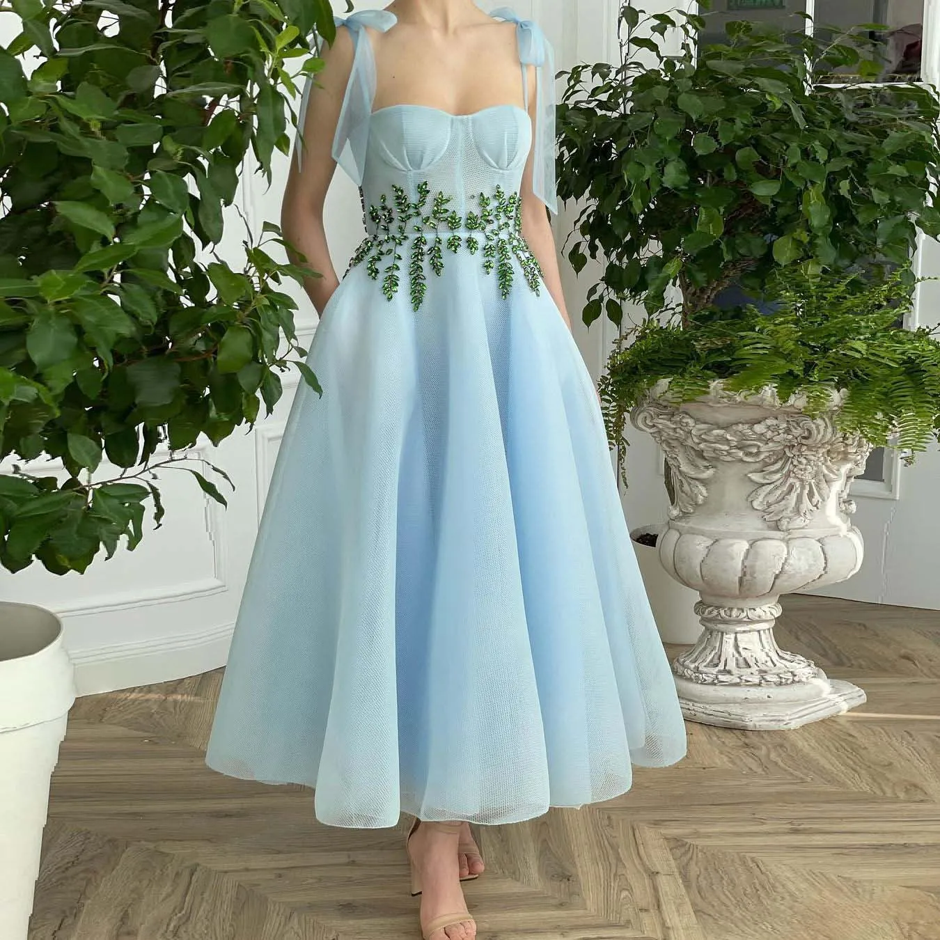 

Light Blue Elegant Homecoming Dresses Tulle A-line Sleeveless Beading Anke Length Special Occasion Prom Dress Junior Party Gowns