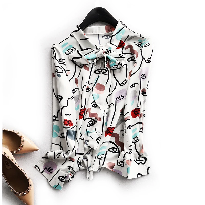 

SHUCHAN Hand-Painted Long Sleeve Shirt Women 2021 New Office Lady Synthetic Fiber Bow Stylish Female Blouse Streetwear Women