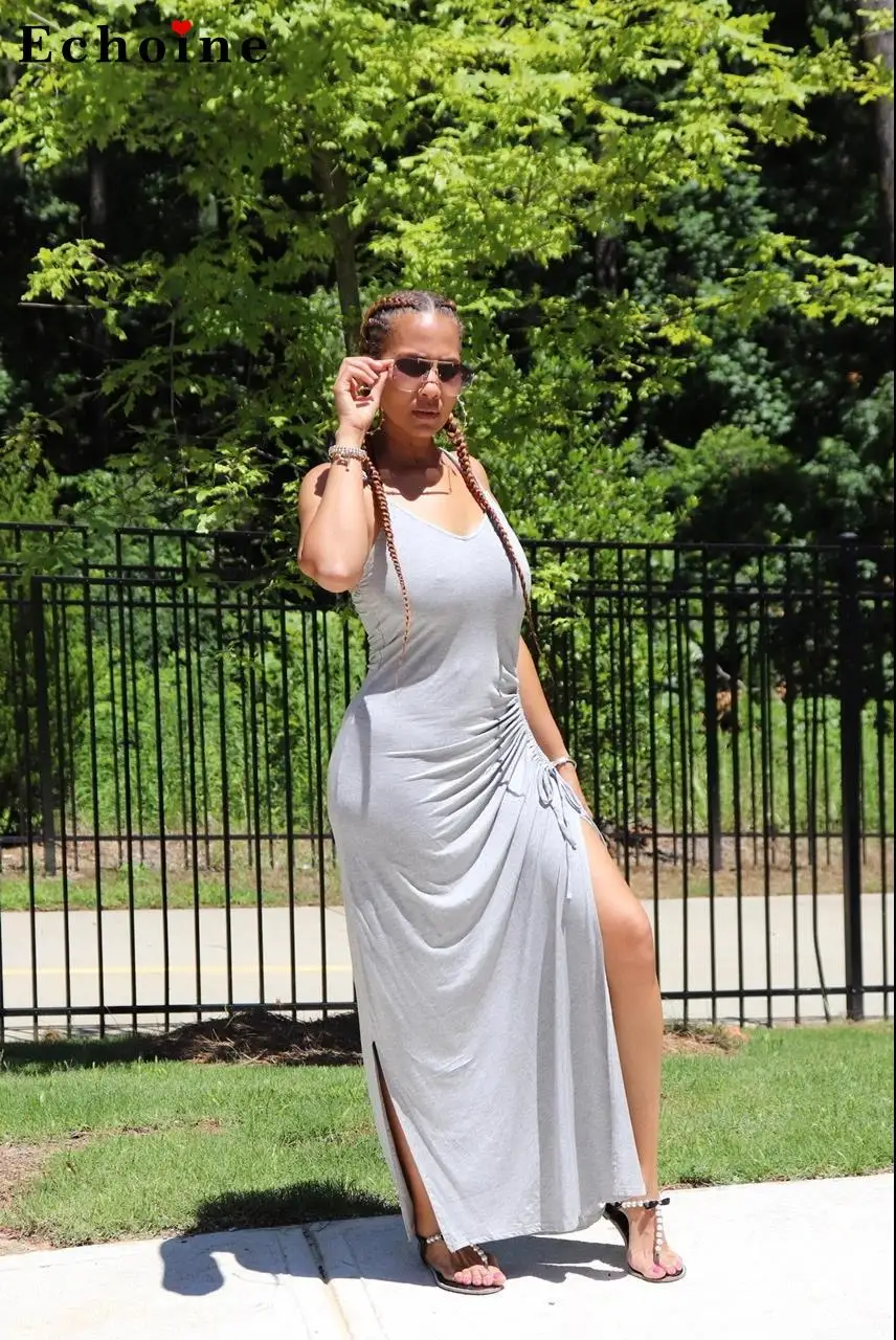 

Women's Sexy Plain Slit Pleated Dress Spaghetti Straps Loose Elastic Long Solid Color Casual Lounge Wear Vestidos Female Clothes