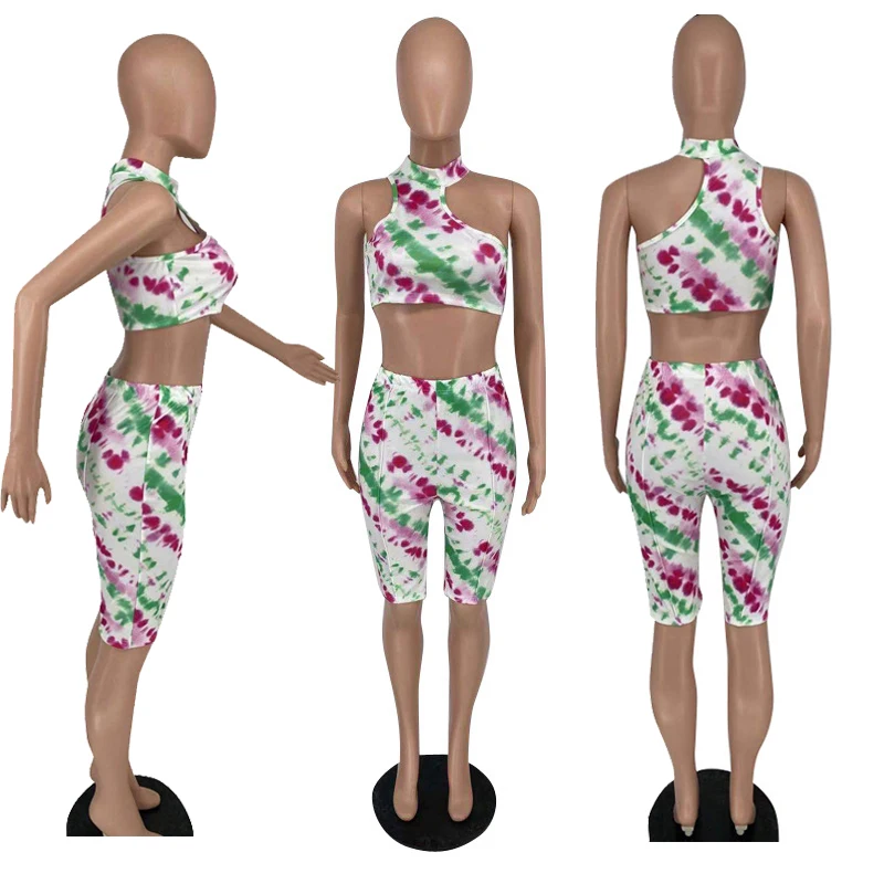 

Streetwear Sexy Bodycon Two Piece Set Women Clothes Tie Dye Crop Top and Biker Shorts Set Clubwear Women 2 Piece Summer Outfits