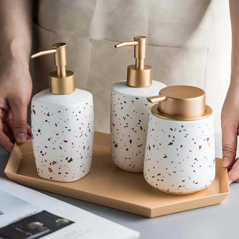 

Bathroom Set Of 3Pcs Ceramic Hand Sanitizer Bottled Terrazzo Pattern Shower Gel Shampoo Bathroom Toilet Lotion Bottle Set