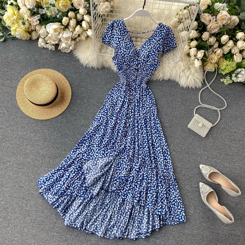 ALPHALMODA 2020 New Holiday Backless Floral Dress Irregular Design Single Breasted Slim Waist Women Beach Seashore Resort | Женская