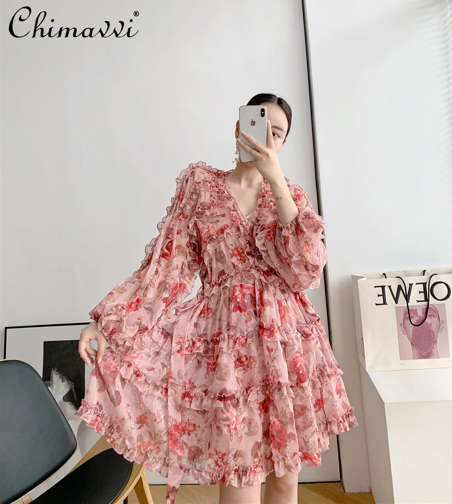 

French Rose Printed V-neck Lantern Sleeve Mini Dress Women Slimming Irregular Floral Dress Seaside Vacation Fairy Dress Summer