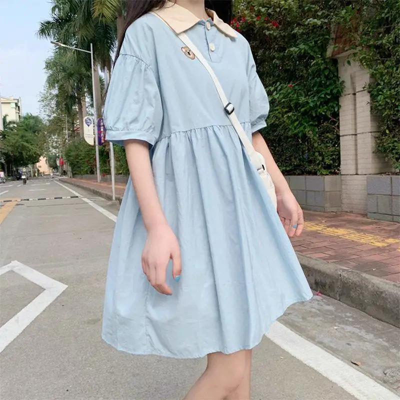 

2020 Sumemr Dress Cartoon Bear Mini Skirt Swwet Women's Japanese Style Fluffy Sleeve S~XXL A-line Embroidery Bear