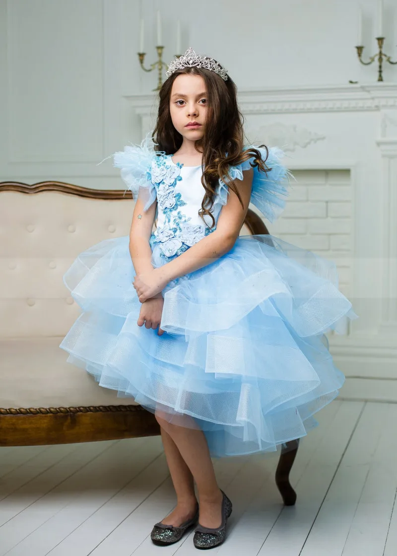 

Sky Blue Puffy Girls Dresses Organza Tiered Kids Clothes O Neck New High Low Flower Girl Dress Birthday Gown