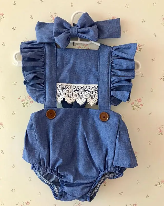 

Newborn Kid Baby Girl Bodysuits Summer Baby Girls Ruffles Short Sleeve Lace Denim Ruffles Bodysuits Headband Jumpsuits