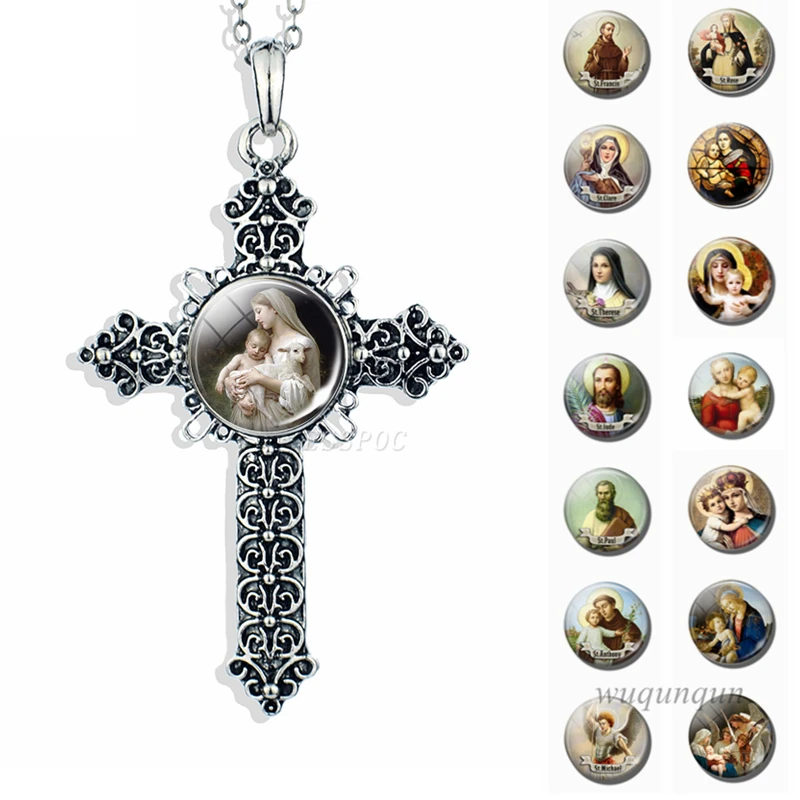 

Son of God Jesus Cross Necklace Glass Cabochon Jewelry Angel Christian Virgin Mary Paw Prints Pendant Women Gifts