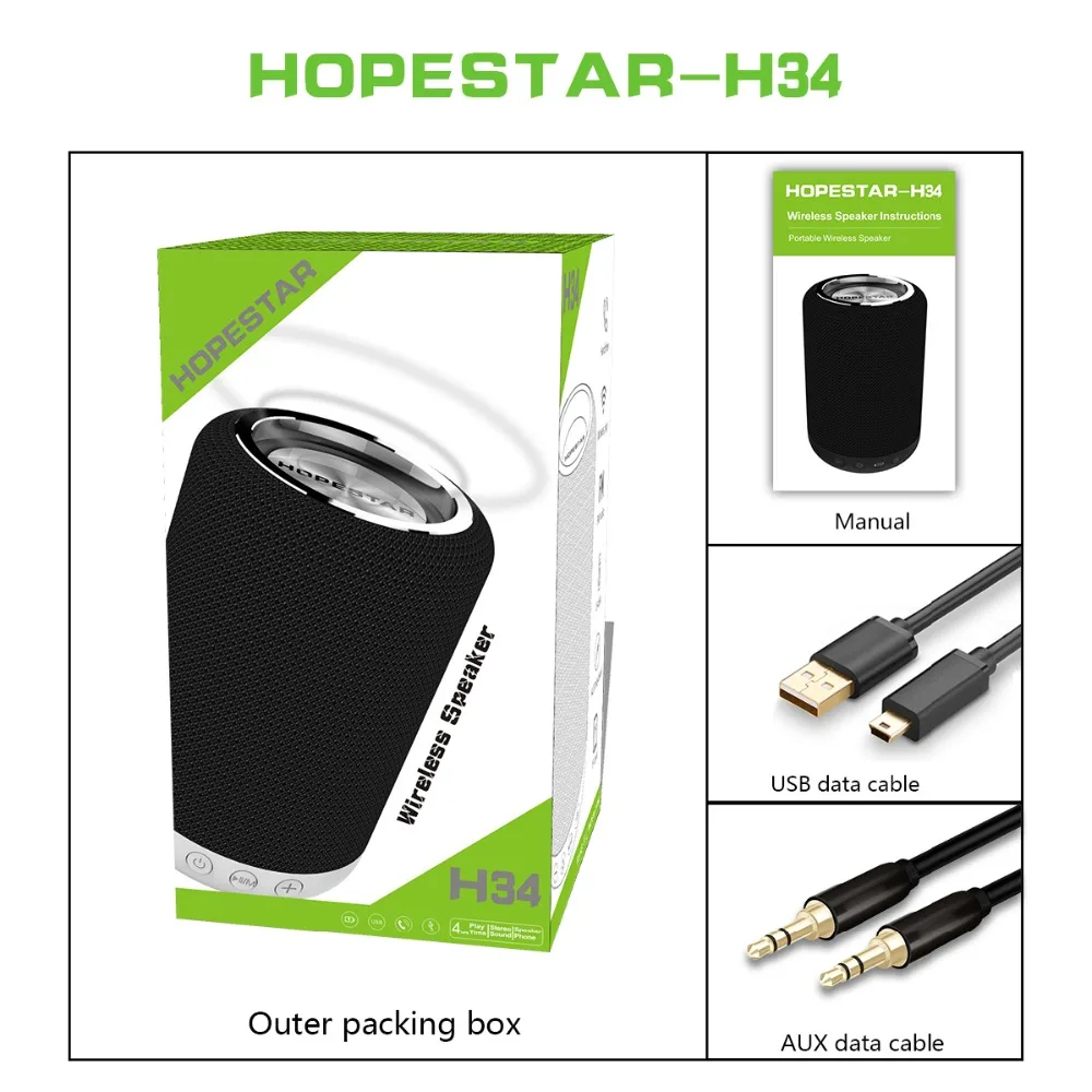 HOPESTAR H34 Bluetooth динамик 1200 мАч портативный беспроводной громкоговоритель звук системы стерео Открытый 18650 музыкальный mp3-плеер