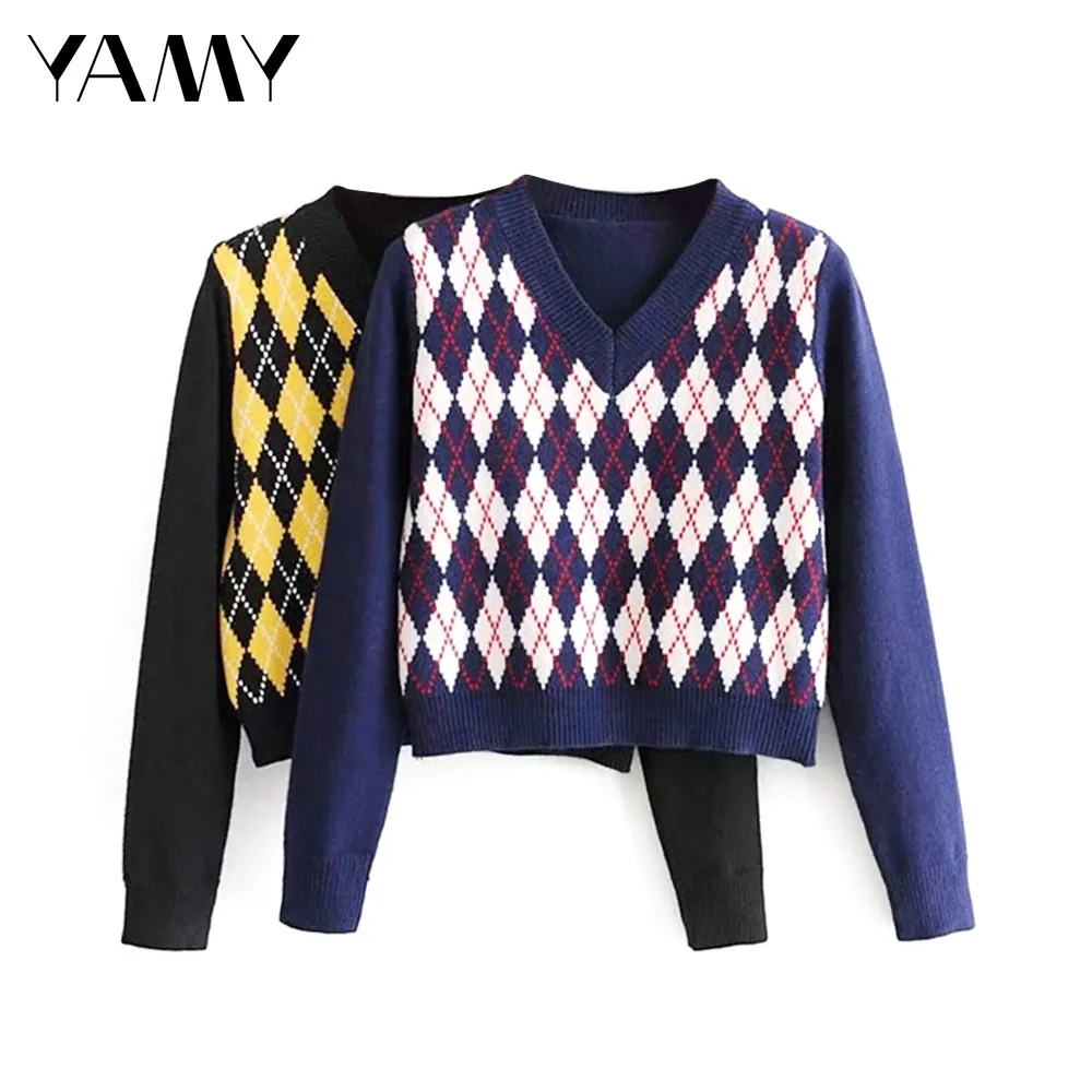 

YAMYi New Autumn Winter Womens Vintage Argyle Sweaters Long Sleeve Knitted Pullovers V Neck Retro Slim Jumpers BM Knitwear Tops