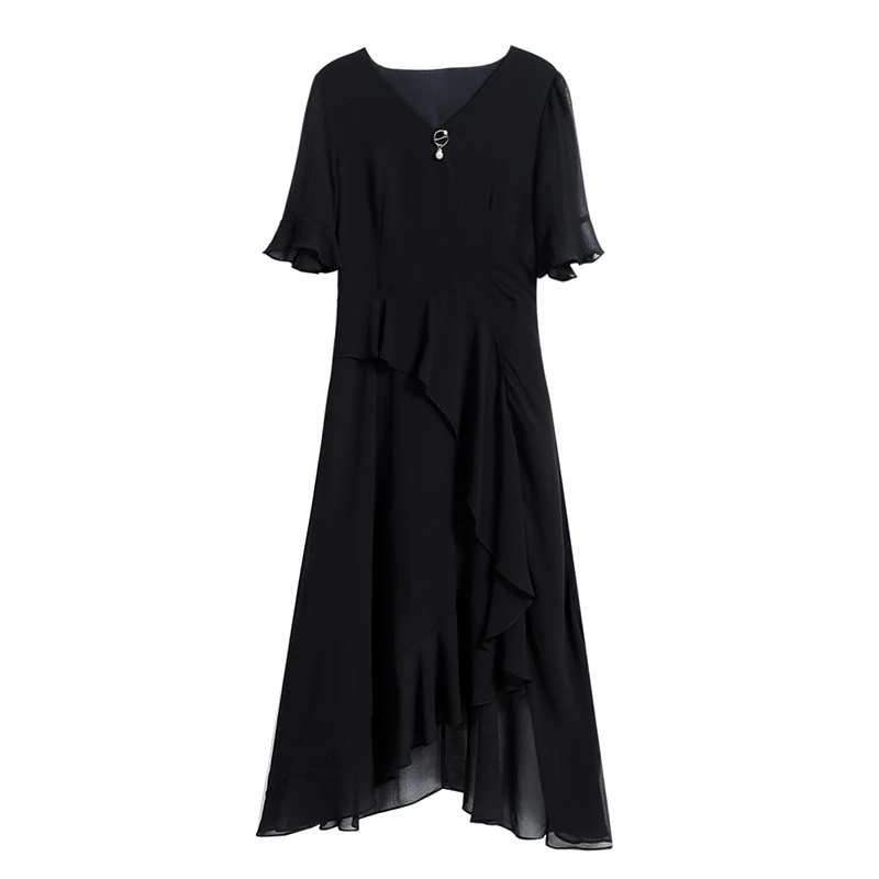 

2021 Summer Irregular Short Petal Sleeves V-Neck A-Line Chiffon Plus Size Solid Color Black Dress Elegant Party Dresses Vestidos