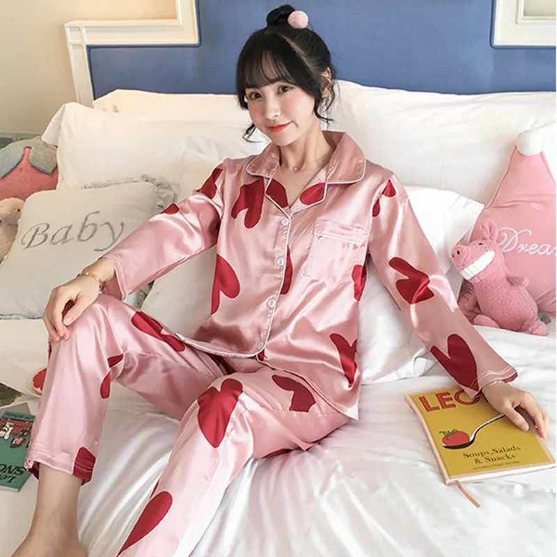 Модная женская одежда для сна из искусственного шелка весенне-осенний комплект с